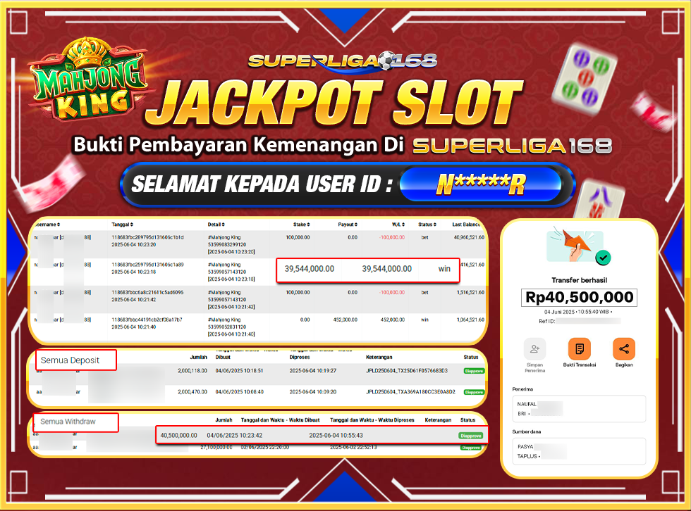 SUPERLIGA168 JACKPOT MAHJONG KING  Rp.40,500,000-