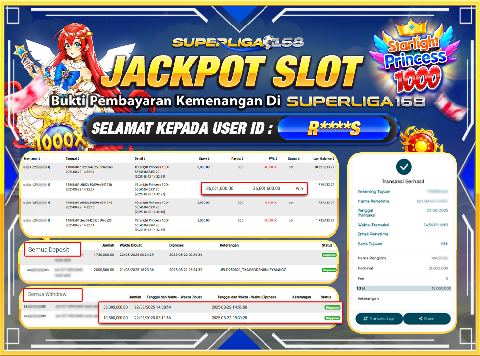 SUPERLIGA168 JACKPOT STARLIGHT PRINCESS 1000 Rp.35,000,000-LUNASS