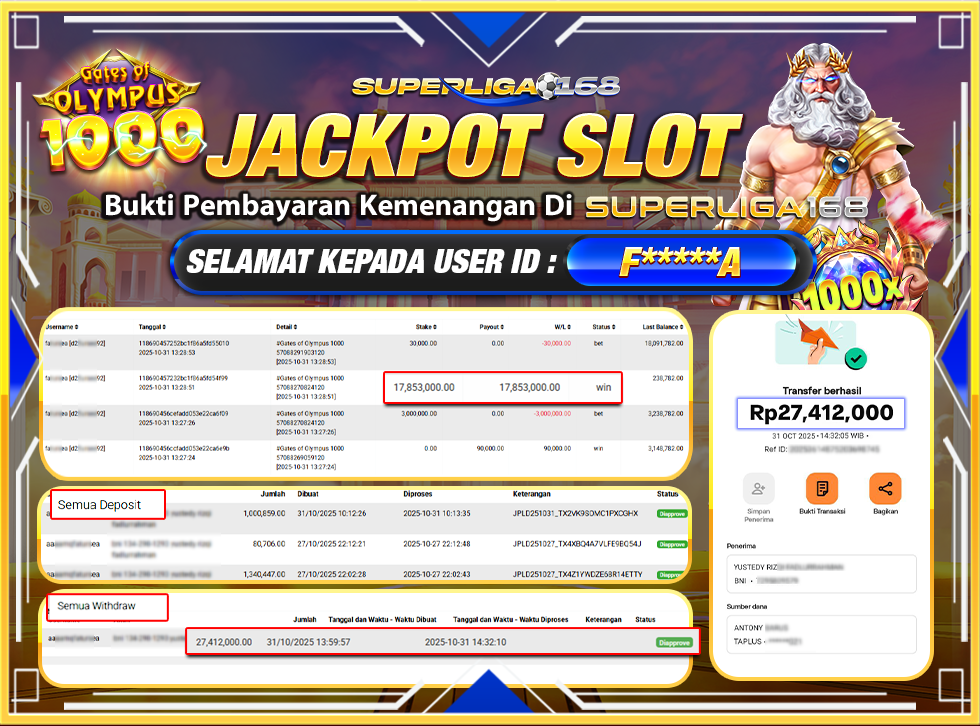 SUPERLIGA168 JACKPOT GATES OF OLYMPUS 1000 Rp.27,412,000-LUNASS