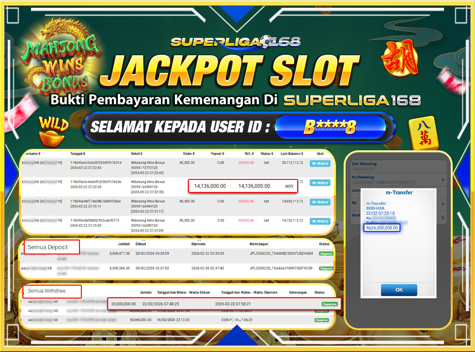 SUPERLIGA168 MAHJONG WINS BONUS Rp.26,000,000LUNAS
